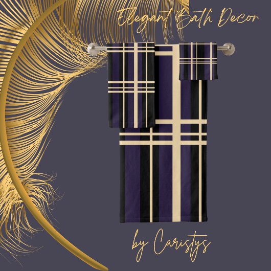 プラ伝統的イド黒、バタークリーム、ダークプラム バスタオルセット