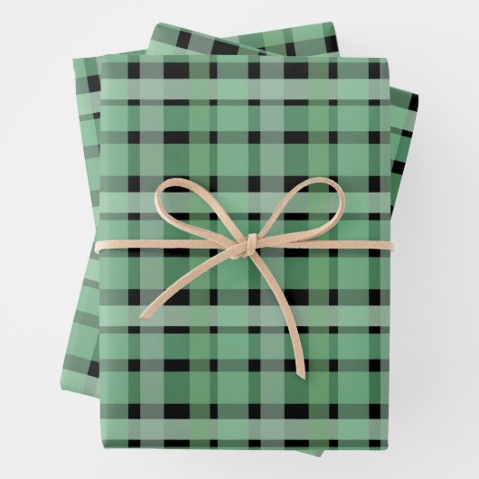 プラ市松模様にイドタータンチェック緑ストライプのオンブラック ラッピングペーパーシート (インサイチュ)