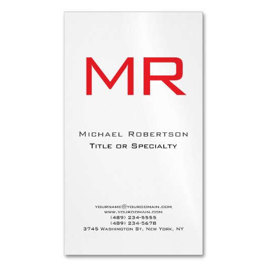 プリアンモノグラムレッドホワイトミニマリスト マグネット名刺 (正面縦)