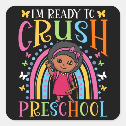 プリスクールの初日ブラックガール新学期 スクエアシール (正面)