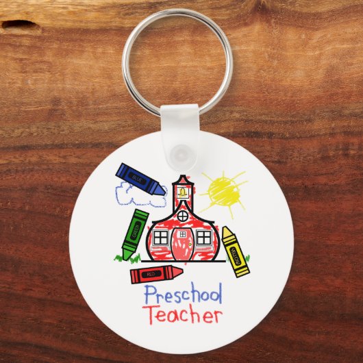 プリスクール先生キーチェーン – スクールハウス&クレヨン キーホルダー (正面)