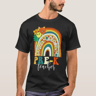 プリスクール先生 レトロ グルーヴィー 虹色のバックトゥスクール Tシャツ