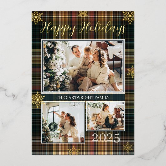 プリッエレガントドフォーマルファミリー写真ハッピーホリデー 箔招待状 (正面)