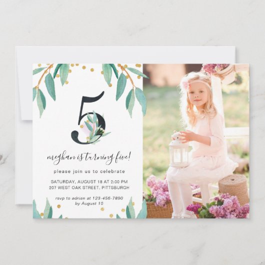 プリッティーボタニカル 5歳の誕生日パーティーの写真 招待状 (正面)