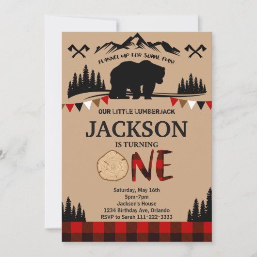 プリッドベアーランバージャックボーイズ1歳の誕生日招待状 招待状 (正面)