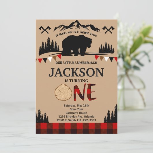 プリッドベアーランバージャックボーイズ1歳の誕生日招待状 招待状 (スタンド正面)