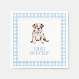 プリッピーなブルドッグの子犬のチェック柄の誕生日 スタンダードカクテルナプキン