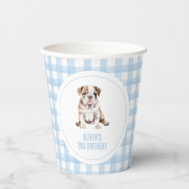 プリッピーなブルドッグの子犬のチェック柄の誕生日 紙コップ