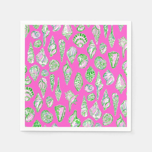 プリッピーな貝殻がホットピンクの海辺に スタンダードカクテルナプキン (正面)