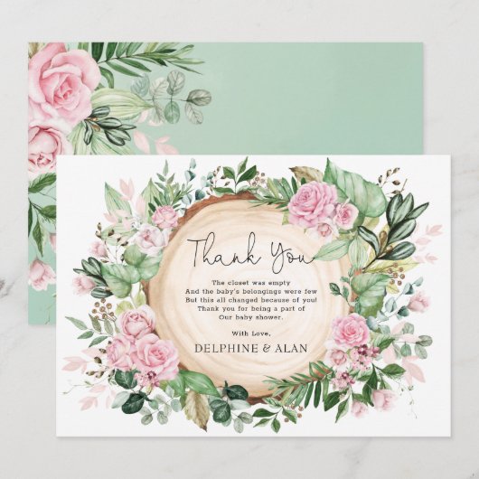 プリティピンクフラワーズ ローズガーデン ベビーシャワー サンキューカード (正面/裏面)