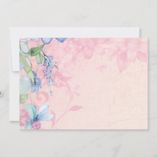 プリティーピンクとブルーのフラワーワイルドフラワーズRSVP 招待状 (裏面)