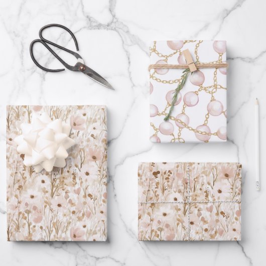 プリティーブラッシュブラウンフラワーブライダルシャワー ラッピングペーパーシート (正面)