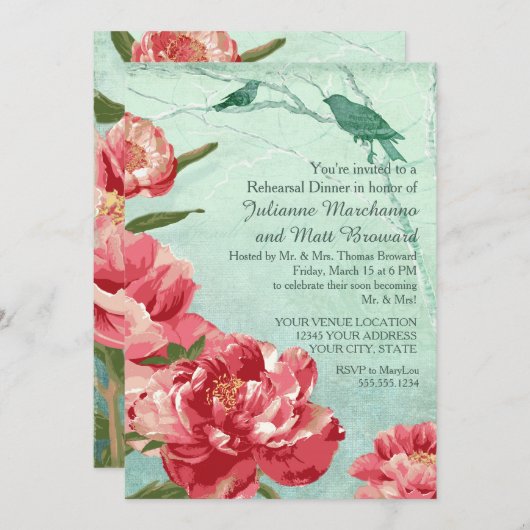 プリティーレトロフラワーリハーサルディナーピーニー&バード 招待状 (正面/裏面)