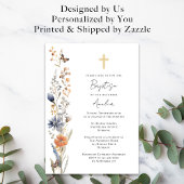 プリティー ウォータカラー ワイルドフラワーズ クロス 洗礼 招待状