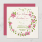 プリティー ウォーターカラー ピンク フラワー リース ベビーシャワー 招待状 (正面/裏面)