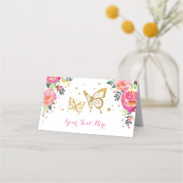 プリティー ウォーターカラー フローラル ピンク ゴールド バタフライ プレイスカード