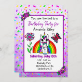 プリティ・パープル・ユニコーンとレインボー・ガールの誕生日 招待状 (正面/裏面)