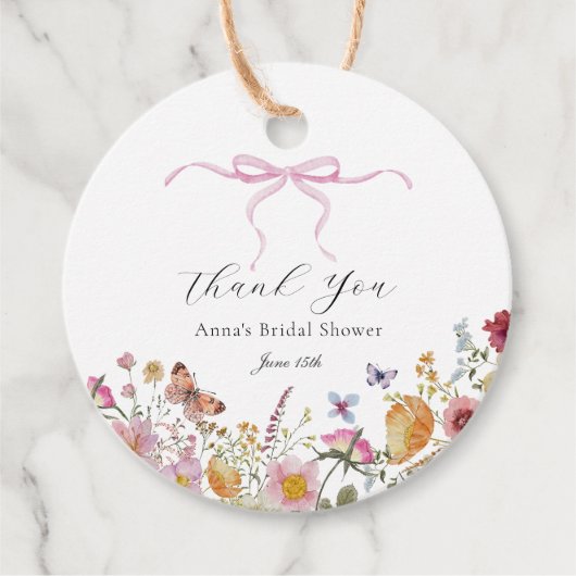 プリティ ピンク ボウ ワイルドフラワー ブライダル シャワー フェイバータグ (正面)