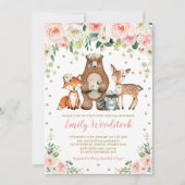 プリティ フローラル ウッドランド アニマル ベビー ガール シャワー 招待状 (正面)