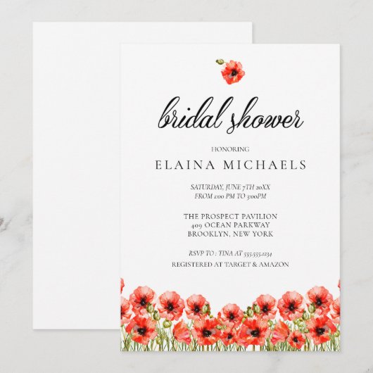 プリティ レッド ポピーズ ブライダル シャワー 招待状 (正面/裏面)