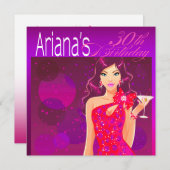 プリティ・レディ バースデー カクテルパーティー 紫/赤 招待状 (正面/裏面)