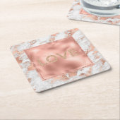 プリティ ローズゴールド ホワイト グリッツィ マーブル スクエアペーパーコースター (アングル)
