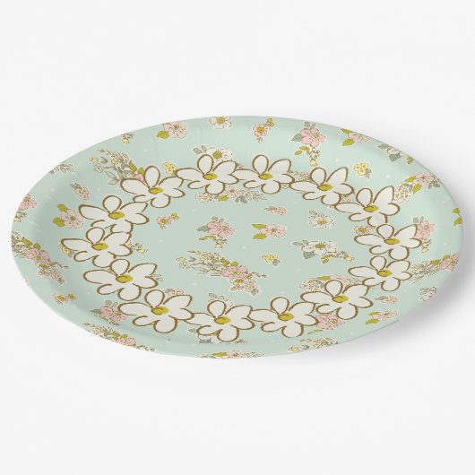 プリティ ヴィンテージ フローラル デイジー シャビー シック ペーパープレート (アングル)