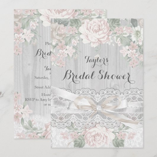 プリティ ヴィンテージ レース & フラワーのブライダル シャワー 招待状 (正面/裏面)