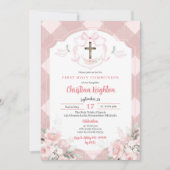 プリドピンクの水色のクレスト最初の聖餐式 招待状 (正面)