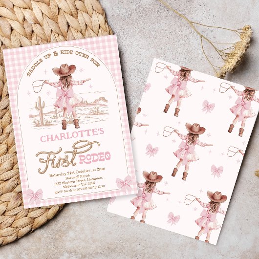 プリドピンク弓ガールズファーストRodeo 1st誕生日 招待状