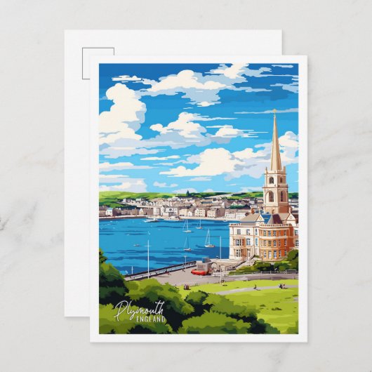 プリマウスイングランドヴィンテージトラベルイラストレーション ポストカード (正面/裏面)