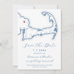 プリマスMAケープコッド地図ネイビー結婚ブルー セーブザデート