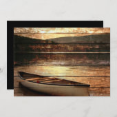 プリミティブな木目調反射 湖小屋 カヌー 招待状 (正面/裏面)