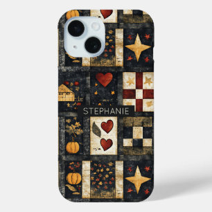 プリミティブな秋のキルトパターン ファームハウスハーベスト iPhone 15ケース