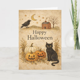 プリミティブブラックキャットフォークアートハロウィン カード