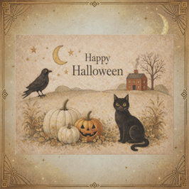 プリミティブブラックキャットフォークアートハロウィン シーズンポストカード