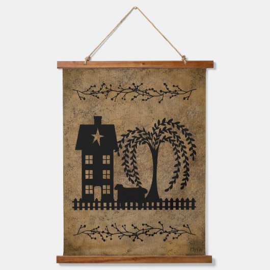 プリムサルトボックスハウスウィローツリーシープ 吊り下げ型タペストリー (正面)