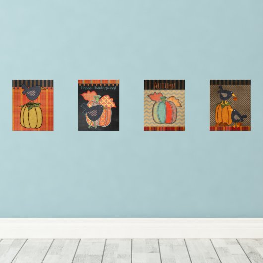 プリムパンプキンズアンドクロウサンクスギビング秋フォークアート (ウッドフロア)