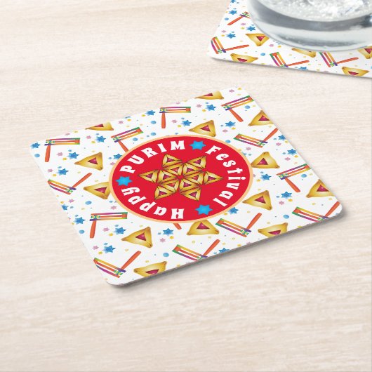 プリムフェスティバルユダヤ教ホリデーギフトハマンタッシェン スクエアペーパーコースター (アングル)