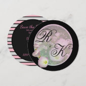 プリムローズピンクの花々はっきりしたストライプズモノグラム セーブザデート (正面/裏面)