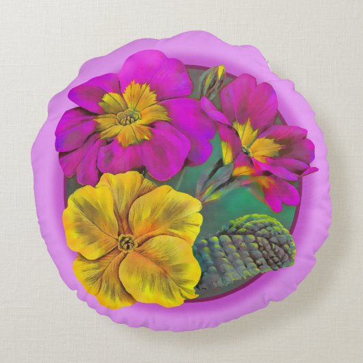 プリムローズピンクイエローグリーン装飾用クッション ラウンドクッション (裏面)
