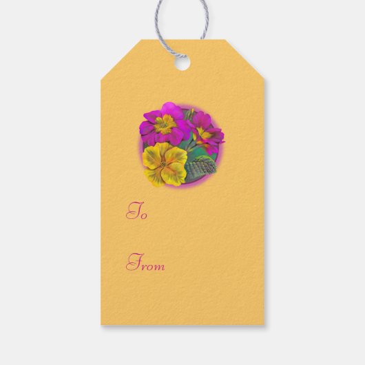 プリムロ素晴らしー絵画スアートのピンクの黄色の贈り物ラベル ギフトタグ (裏面)