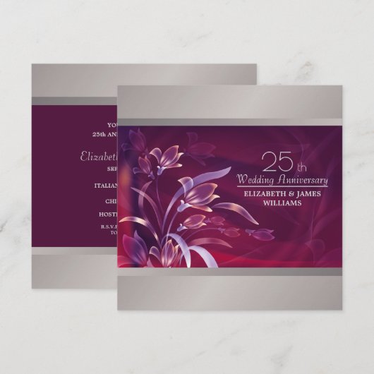 プリム | シルバー フラワーの 25 周年パーティー 招待状 (正面/裏面)