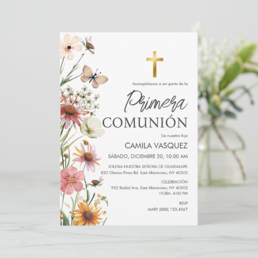 プリメスペインのラCOMUNION女の子かわいい最初の聖餐式 招待状 (スタンド正面)