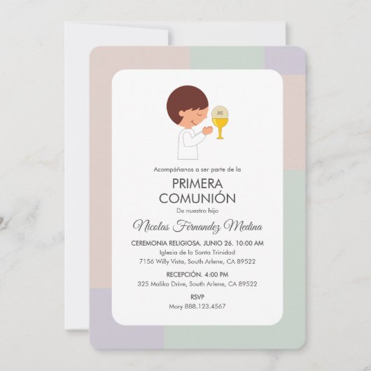 プリメラスペインの組合かわいい男の子の最初の聖餐式 招待状 (正面)