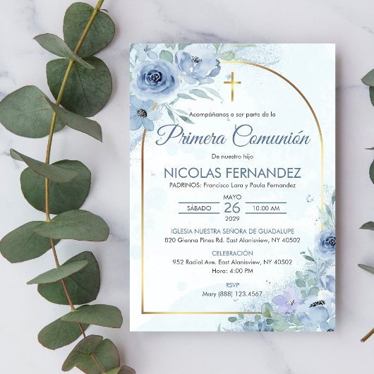 プリメラcomunionかわいい青い花の最初の聖餐式 招待状