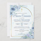 プリメラcomunionかわいい青い花の最初の聖餐式 招待状 (正面)