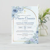 プリメラcomunionかわいい青い花の最初の聖餐式 招待状 (スタンド正面)