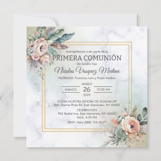 プリメラCOMUNIONボホフラワーズボーイファースト聖餐式 招待状 (正面)