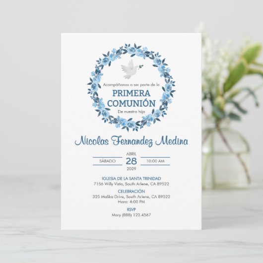 プリメラCOMUNION青い花の最初の聖餐式 招待状 (スタンド正面)